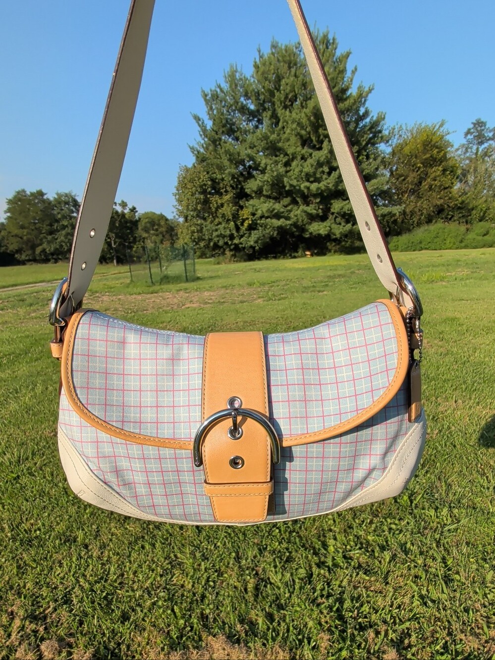 Rare Y2K Soho Flap Check Saddle Bag in Tan and Cream blue and pink plaid 4441